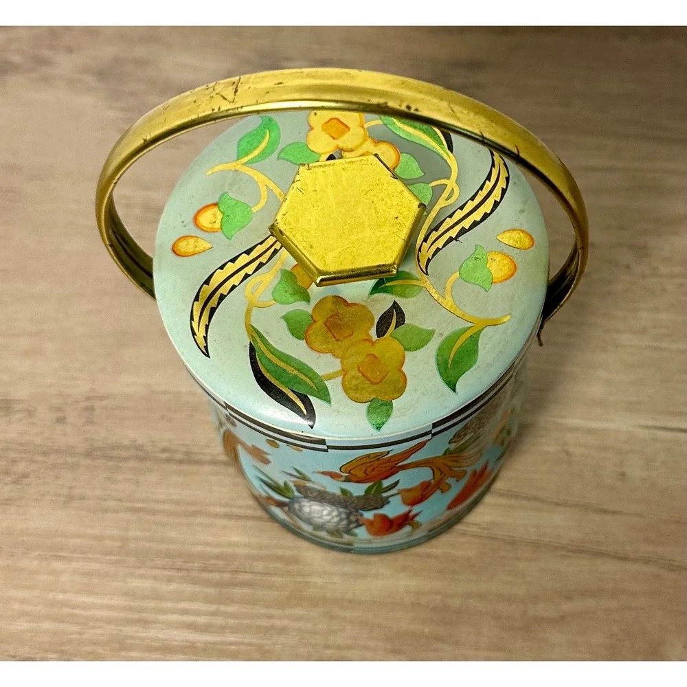 Vintage Murray-Allen Bird of Paradise Tin‎ Blue Floral with Handle